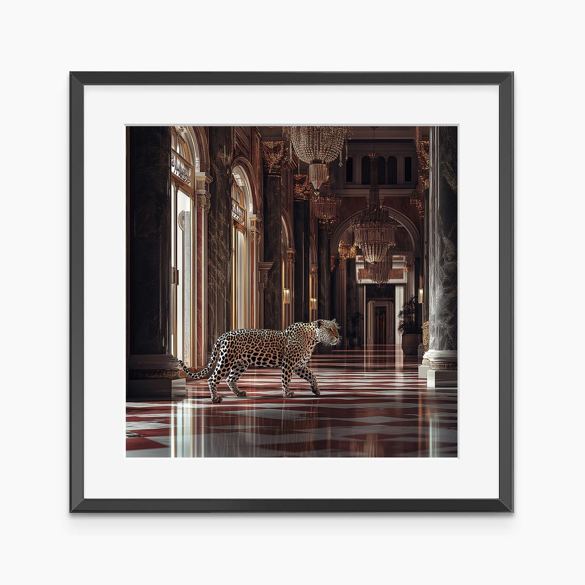 Leopard Walking Through Grand Palace Hall Fine Art Photo Poster