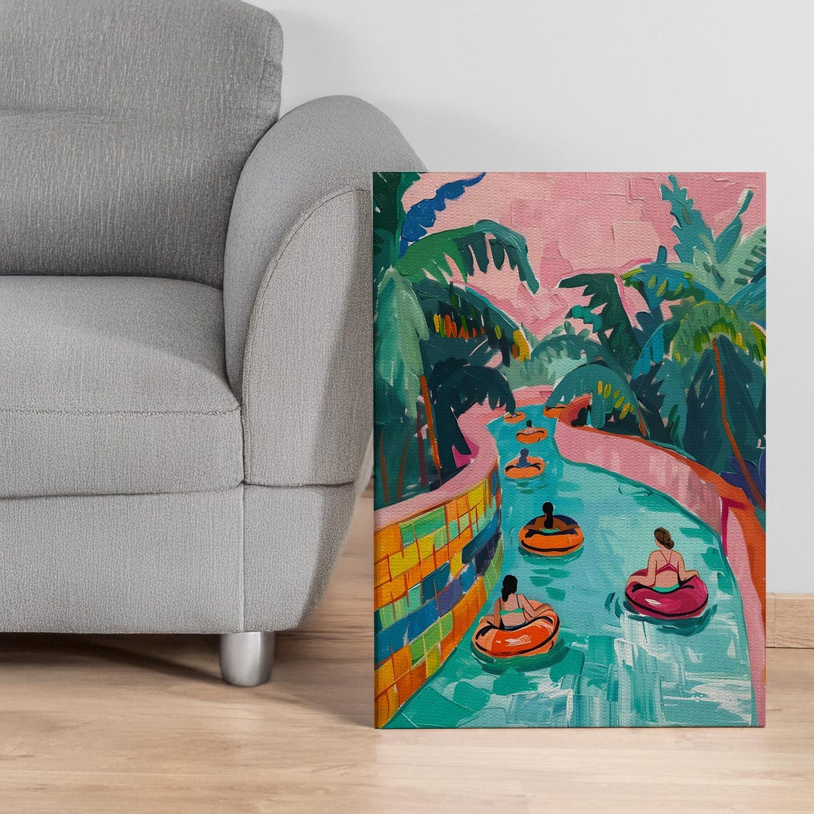 Colorful Lazy River With Tropical Palms And Pool Floats Poster