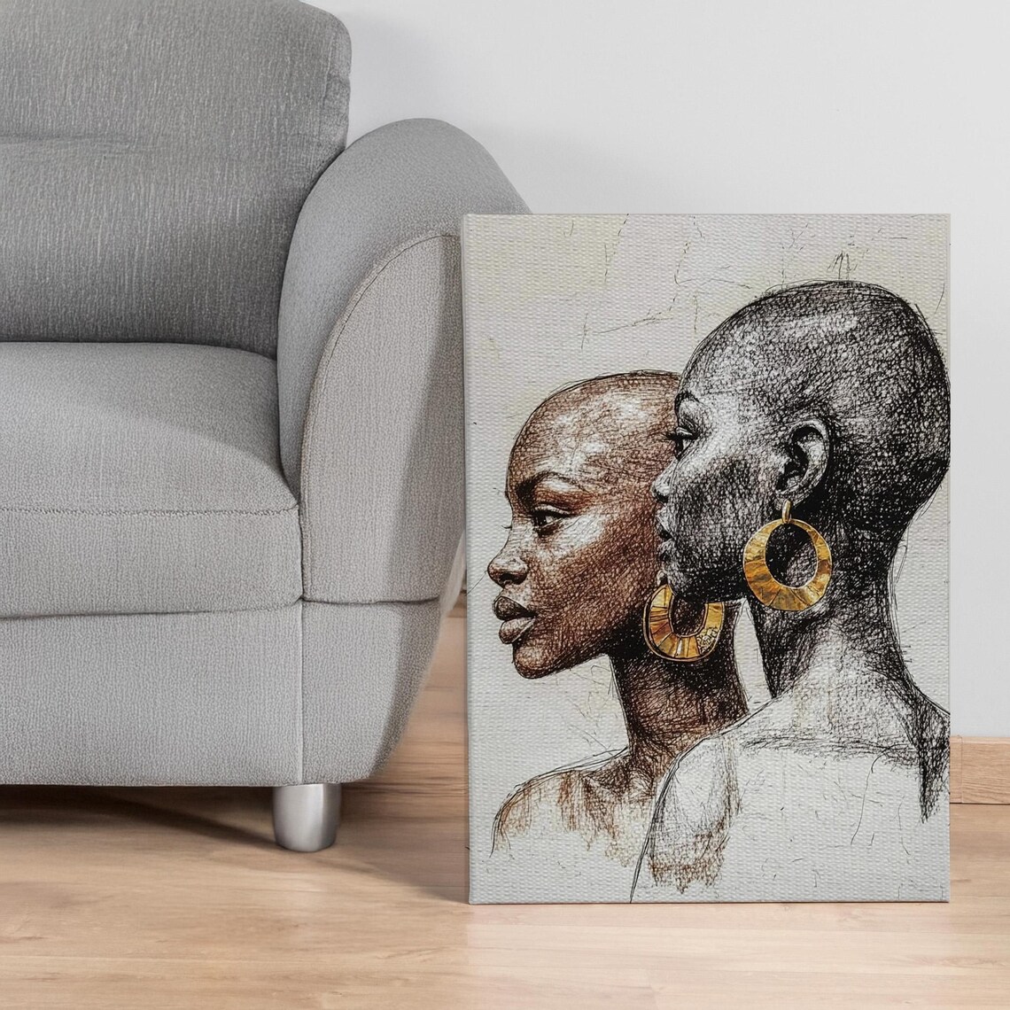 Black Women Portraits Gold Earrings Line Art Elegant Duo Canvas Print