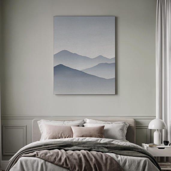 Abstract Mountain Print Blue Grey Landscape Framed Office Wall Decor Calming Nature Artwork Scandinavian Style Canvas For Living Room