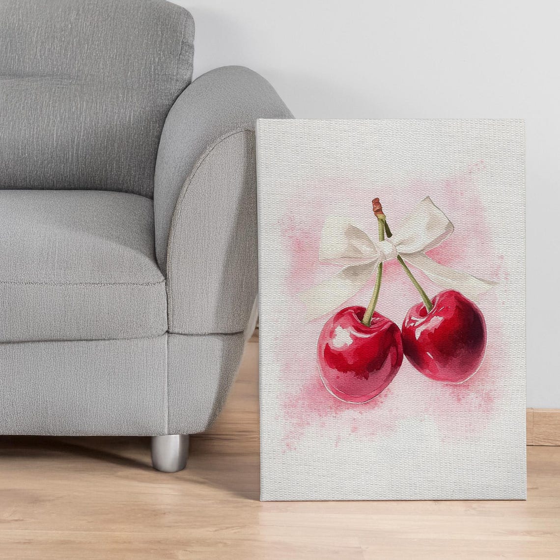 Cherry Pair With White Ribbon Red Fruit Sweet Watercolor Poster