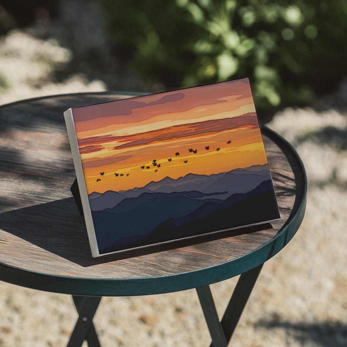 Mountain Sunset Flock of Birds Orange Sky Layered Ridge Poster - Image 2