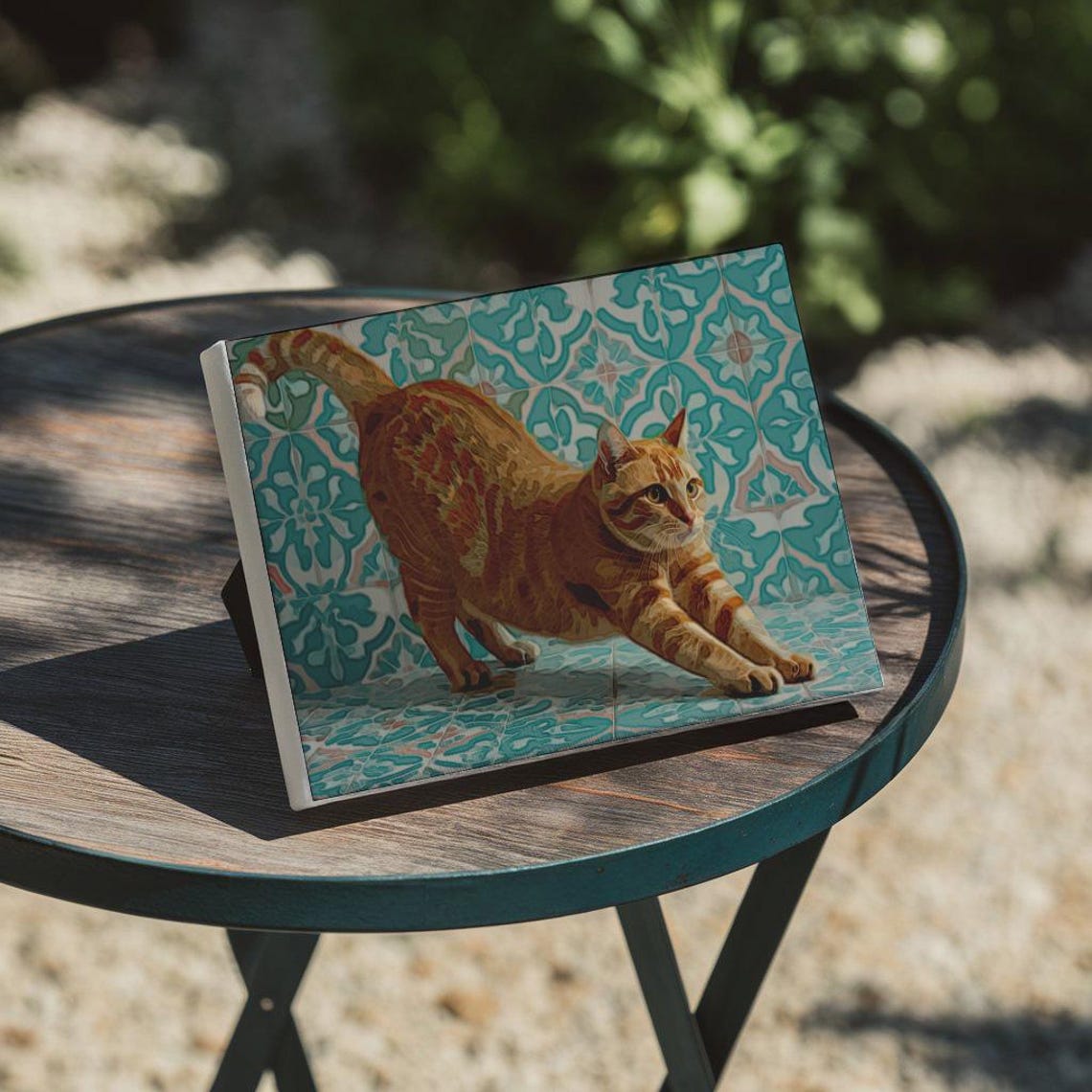 Orange Tabby Cat Stretching Turquoise Tile Playful Pet Poster - Image 2