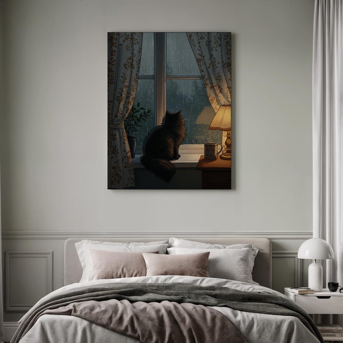Black Cat Watching Rain At Window Cozy Moody Cat Lover Poster