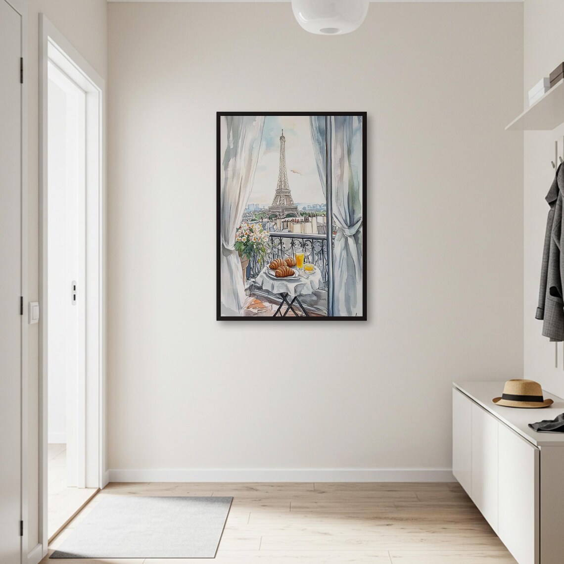 Romantic Paris Balcony Breakfast, Eiffel Tower Watercolor - Image 2