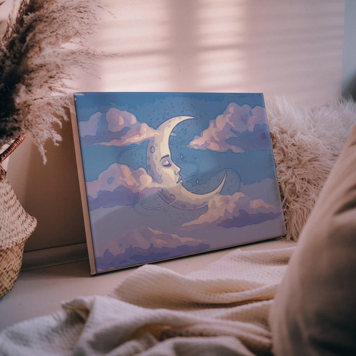 Sleeping Crescent Moon Face Pastel Clouds Dreamy Night Poster - Image 3