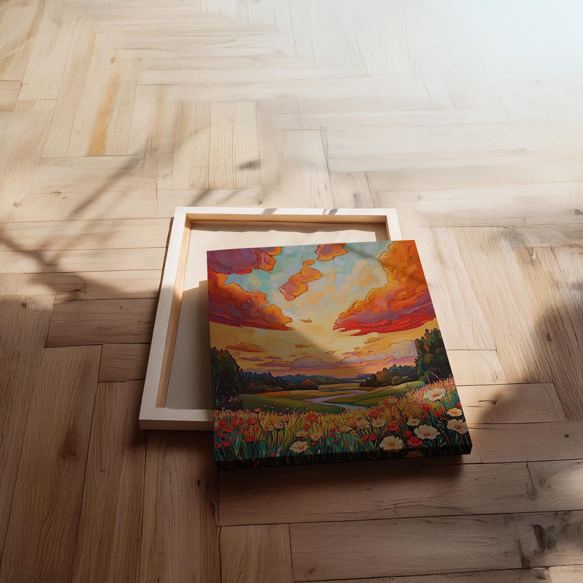 Golden Sunset Meadow Wildflower Landscape Vibrant Field Art Poster - Image 2