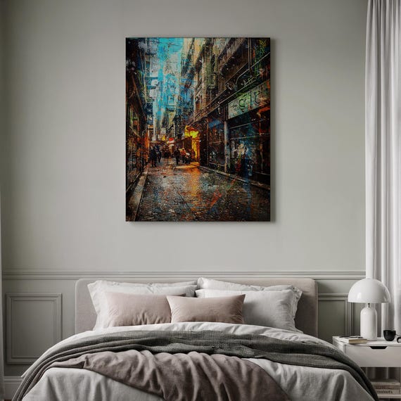 Impressionist City Art Rainy Street Canvas Framed Urban Alleyway Abstract Painting Moody Travel Decor Living Room Wall Print