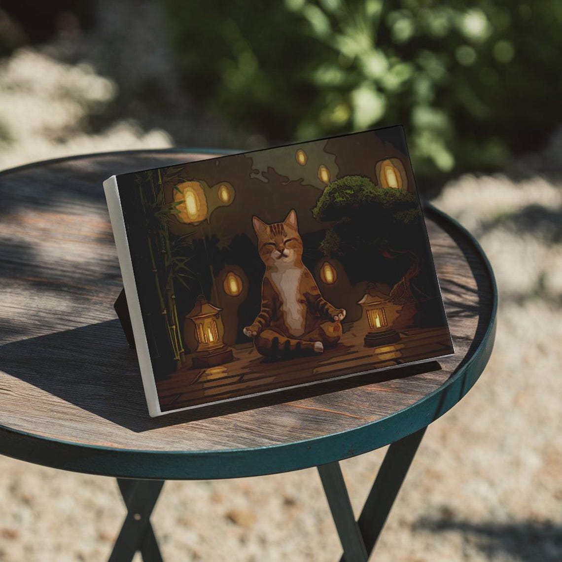 Meditating Tabby Cat Zen Japanese Garden Lanterns Night Poster - Image 3