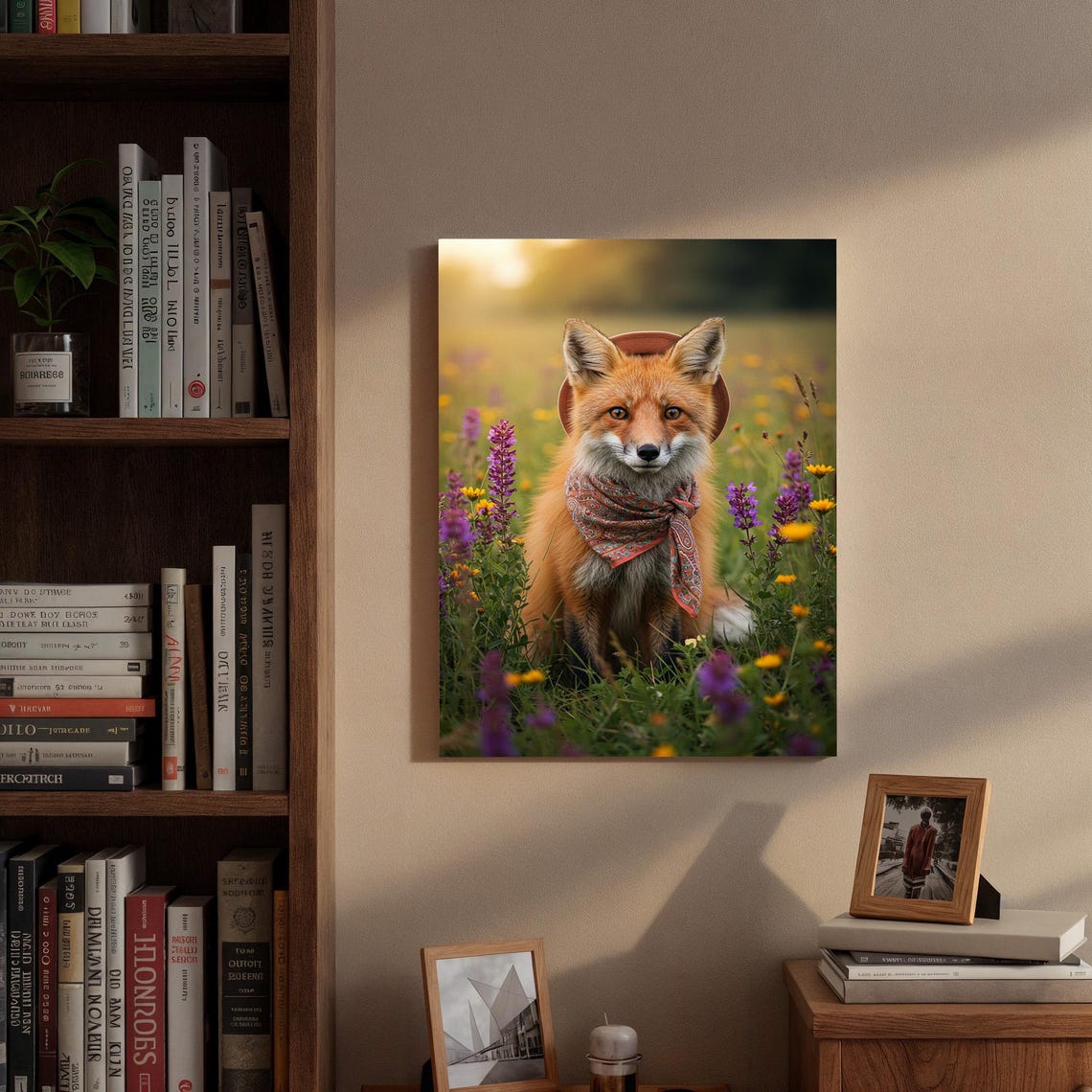 Red Fox Wearing Cowboy Hat Bandana Wildflower Meadow Art Poster - Image 3