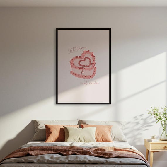 Let Them Eat Cake Poster Print Pink Heart Wall Art Coquette Decor Girly Kitchen Quote Illustration