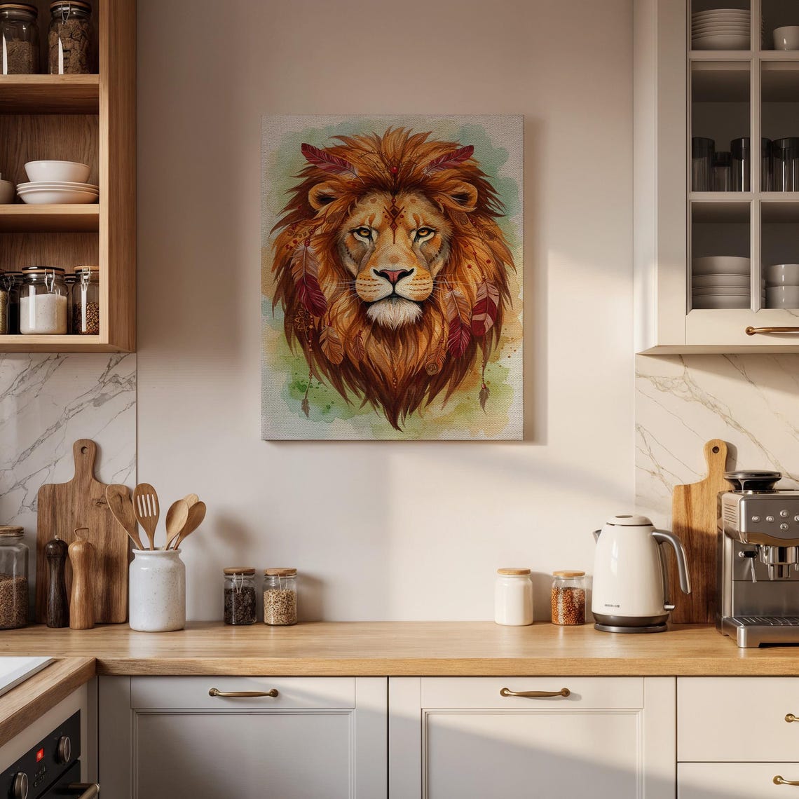 Lion Head with Feathers Watercolor Boho Tribal Animal Art Poster - Image 4
