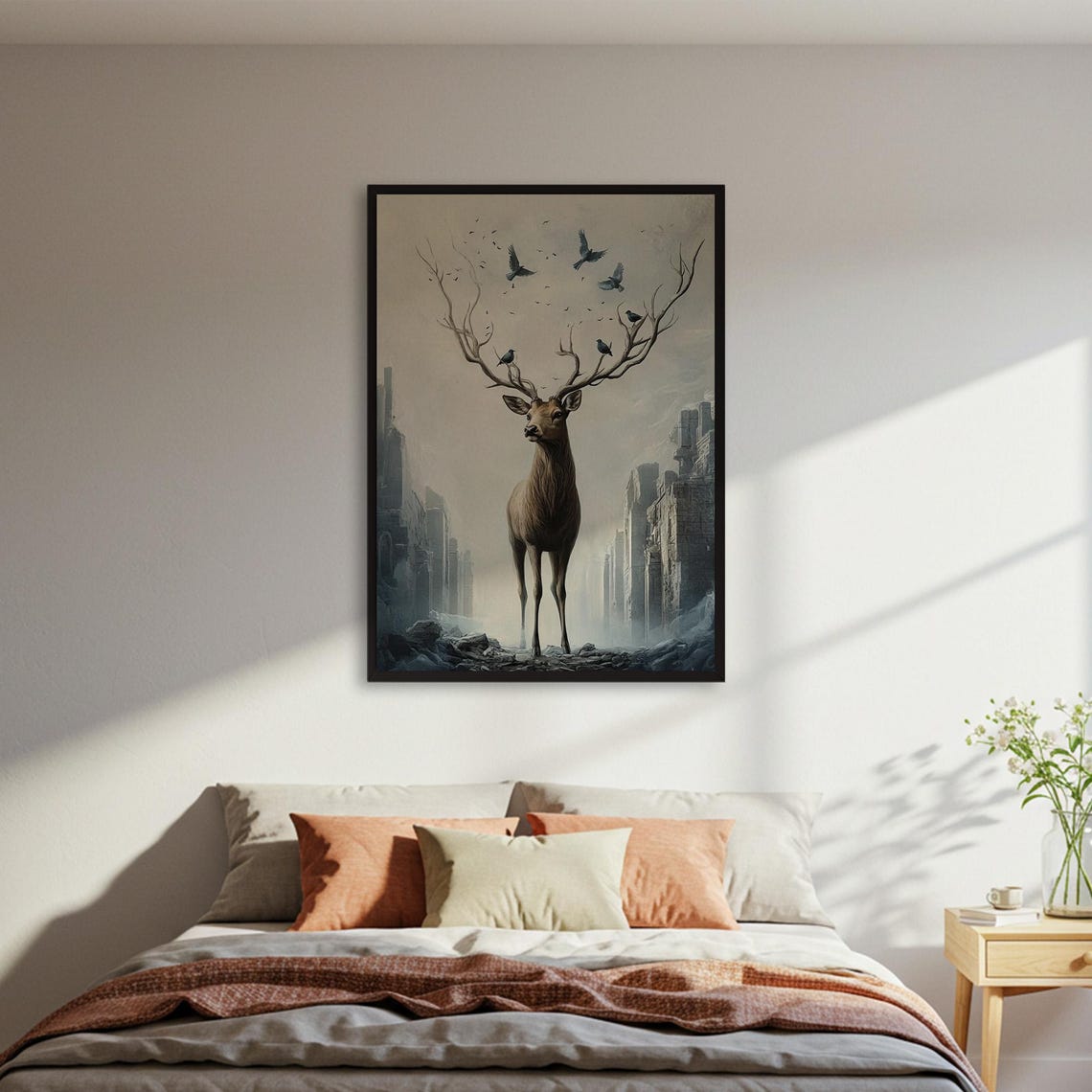 Majestic Stag Antler Branches Birds Misty Ruins Fantasy Poster