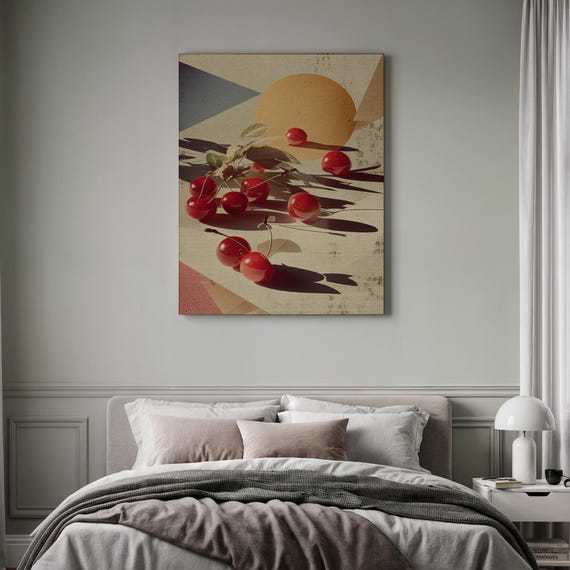 Graphic Cherry Print Summer Fruit Still Life Framed Pop Art Kitchen Decor Bold Red Canvas Contemporary Food Sunshine