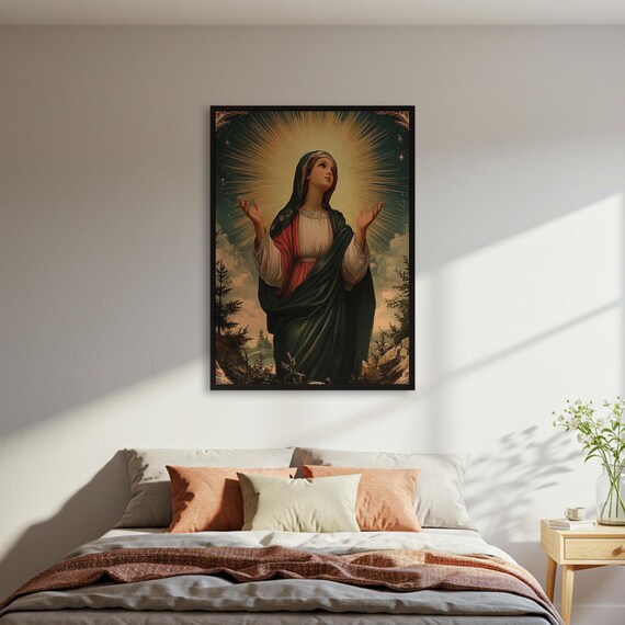 Virgin Mary Divine Apparition Golden Light Catholic Art Poster