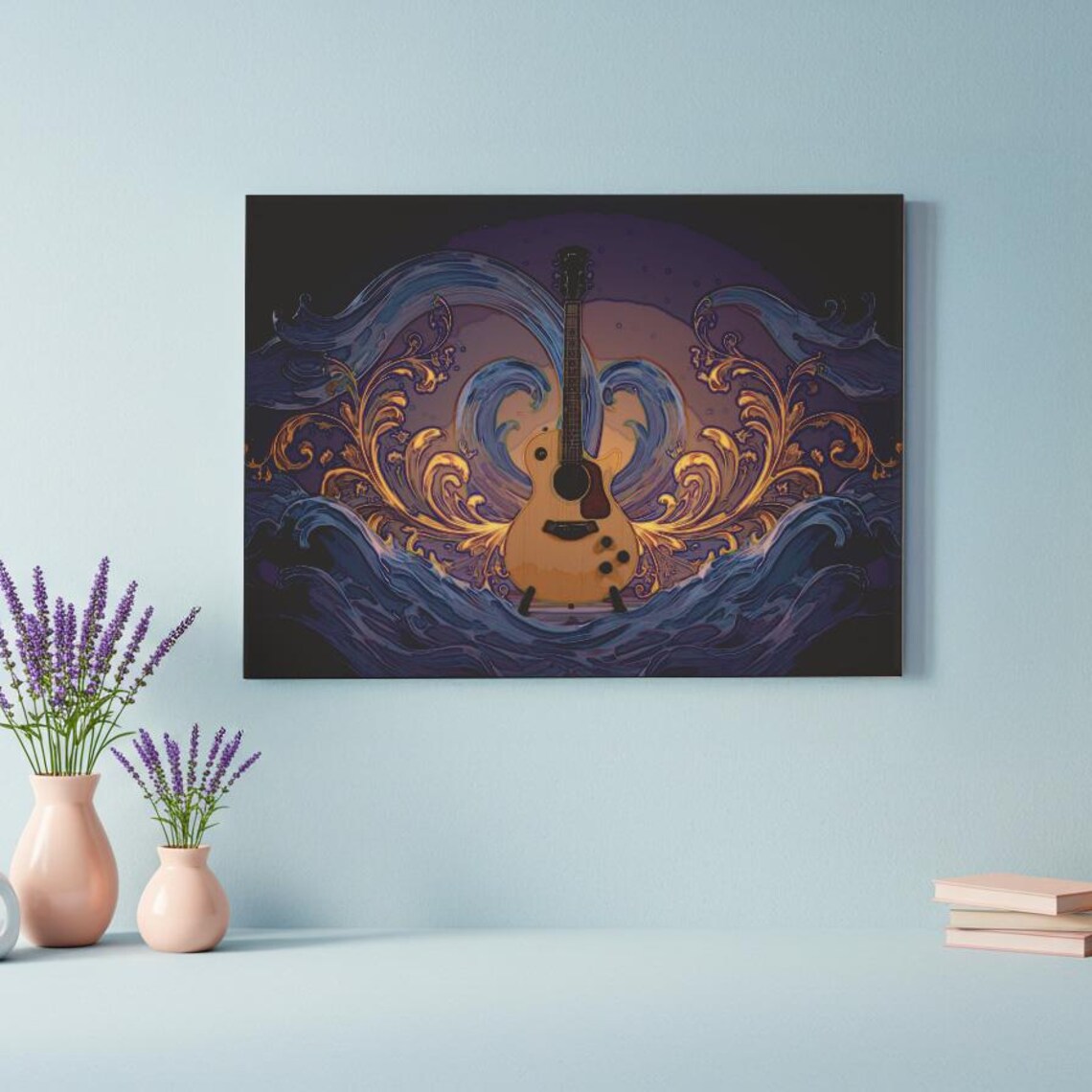 Acoustic Guitar Golden Flourish Waves Whimsical Music Art Poster - Image 3
