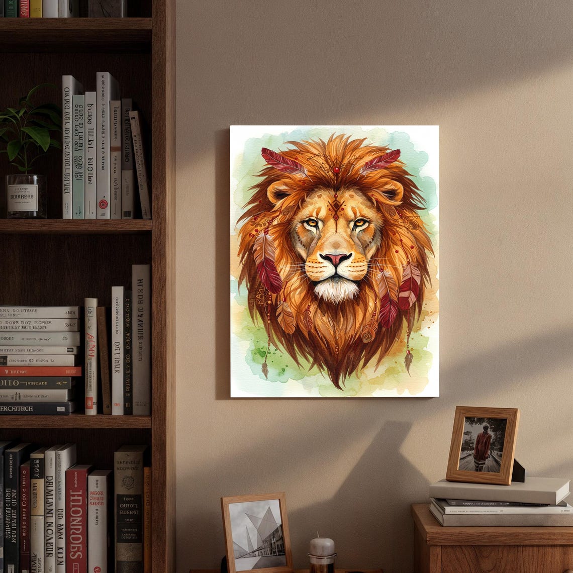 Lion Head with Feathers Watercolor Boho Tribal Animal Art Poster - Image 3
