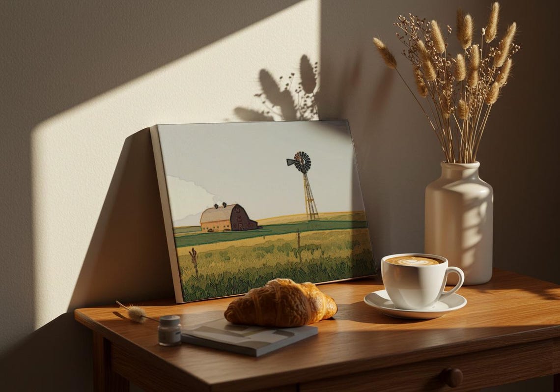 Rustic Red Barn Windmill Wheat Field Farmhouse Country Poster - Image 2