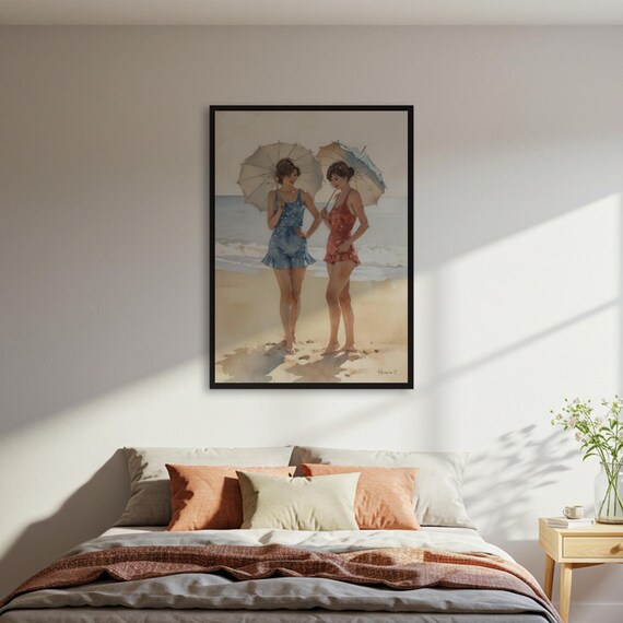 Vintage Beach Women Retro Swimsuit Parasol Watercolor Seaside Poster