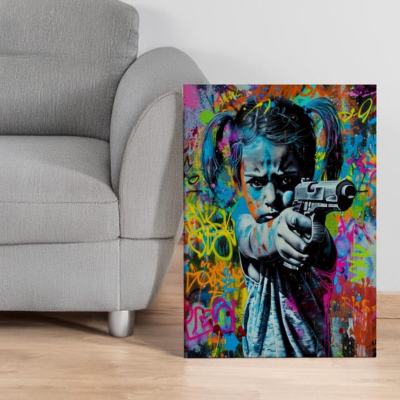 Urban Pop Art Canvas Wall With Graffiti Girl And Toy Gun Bold Street Style Print For Gallery Or Gift Framed Contemporary Decor