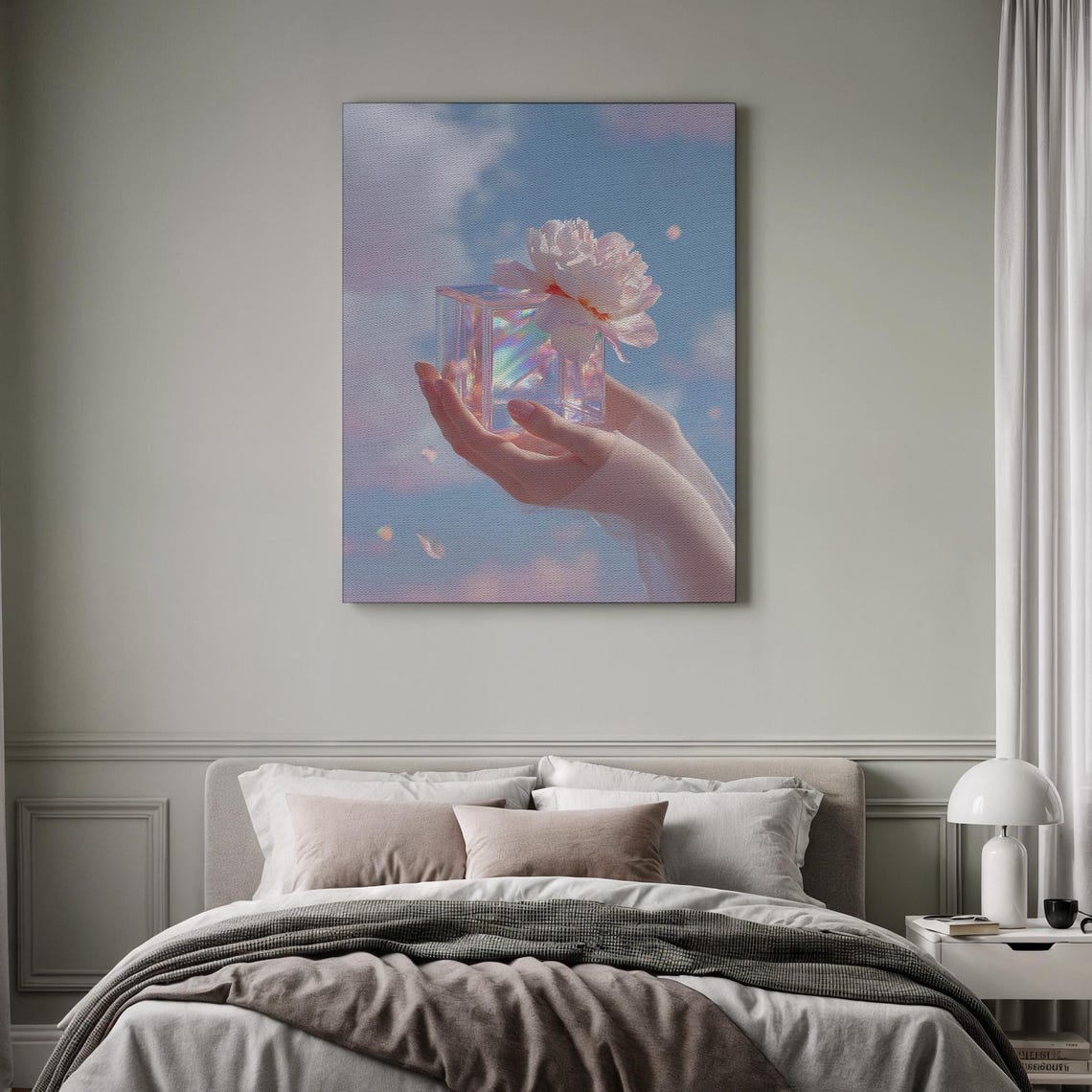 Hand Holding Glass Cube Peony Dreamy Sky Surreal Floral Poster - Image 2