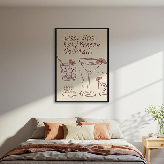 Sassy Sips Cocktails Poster Funny Drink Wall Art Bar Cart Decor Mixology Gift Minimalist Quote Print Framed Or Unframed