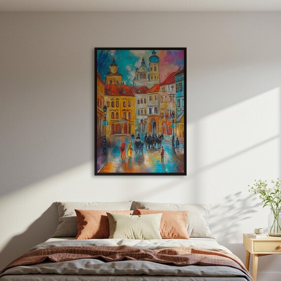 Colorful European Town Square Horse Carriage Impressionist Art Poster
