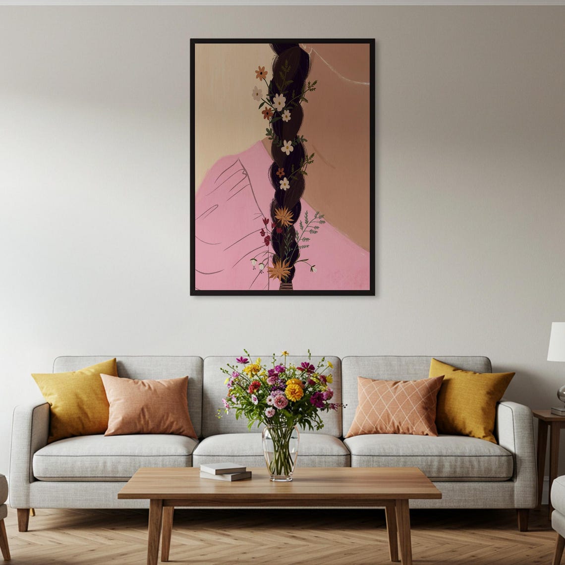 Woman with Flower Braided Hair Boho Botanical Illustration Poster - Image 2