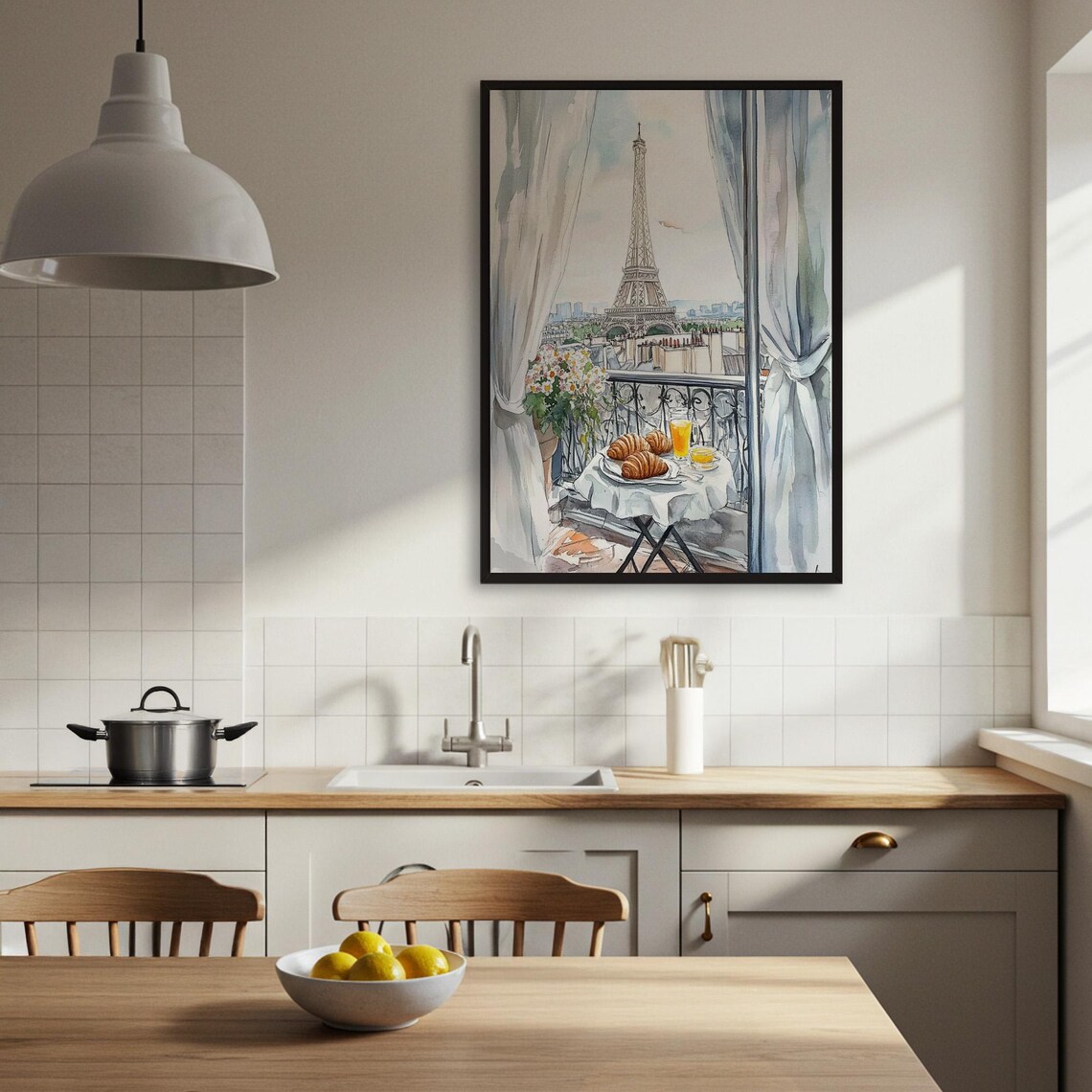 Romantic Paris Balcony Breakfast, Eiffel Tower Watercolor - Image 3