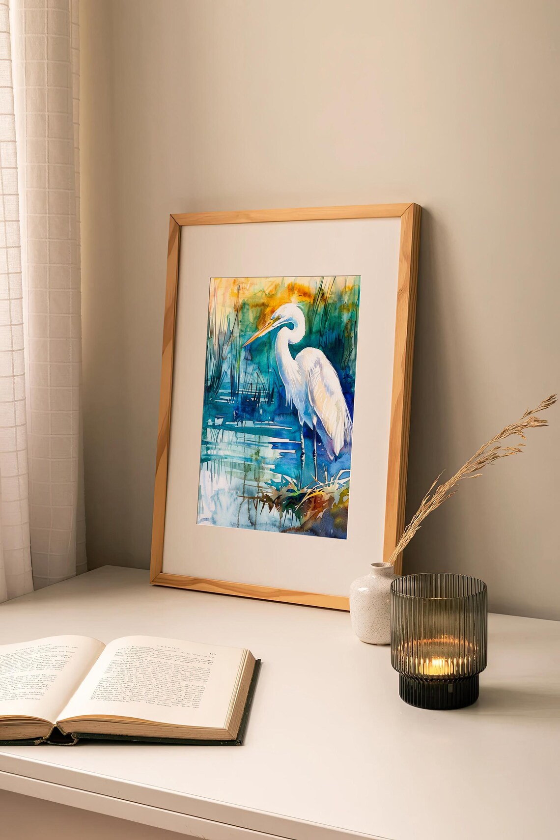 Great White Egret Heron in Marsh Watercolor Bird Painting Poster - Image 2