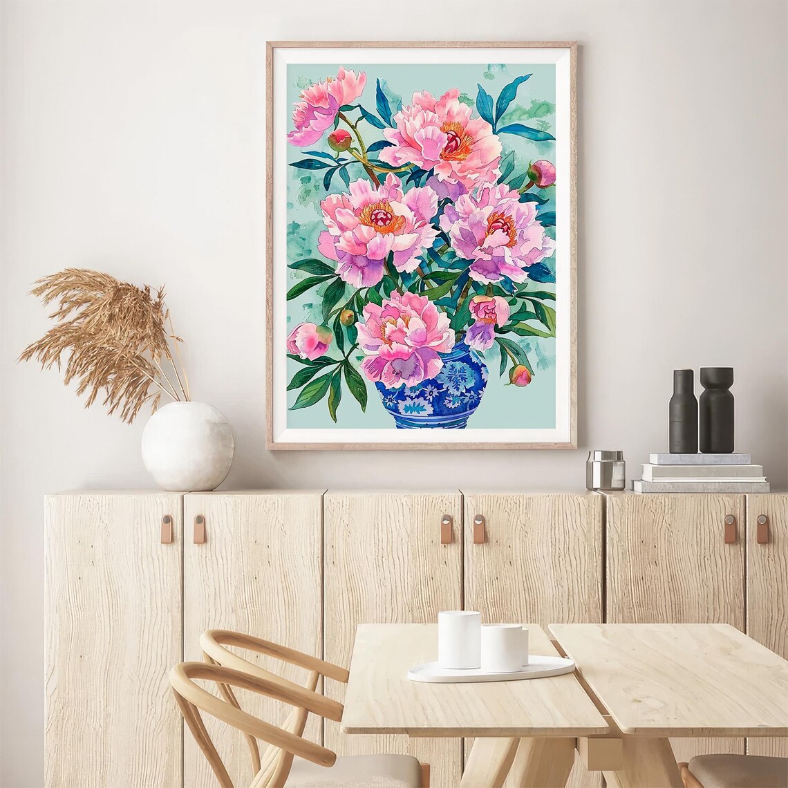 Pink Peonies Blue Porcelain Vase Blooming Watercolor Nature Art Poster - Image 5