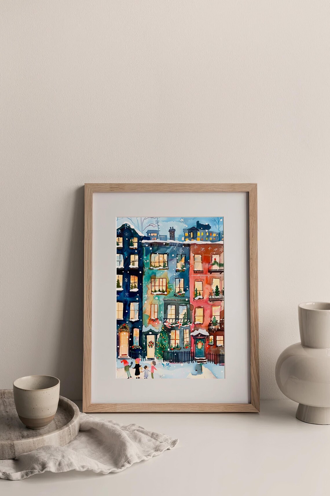 Christmas Brownstone Street Snowy Evening Watercolor Holiday Poster - Image 3
