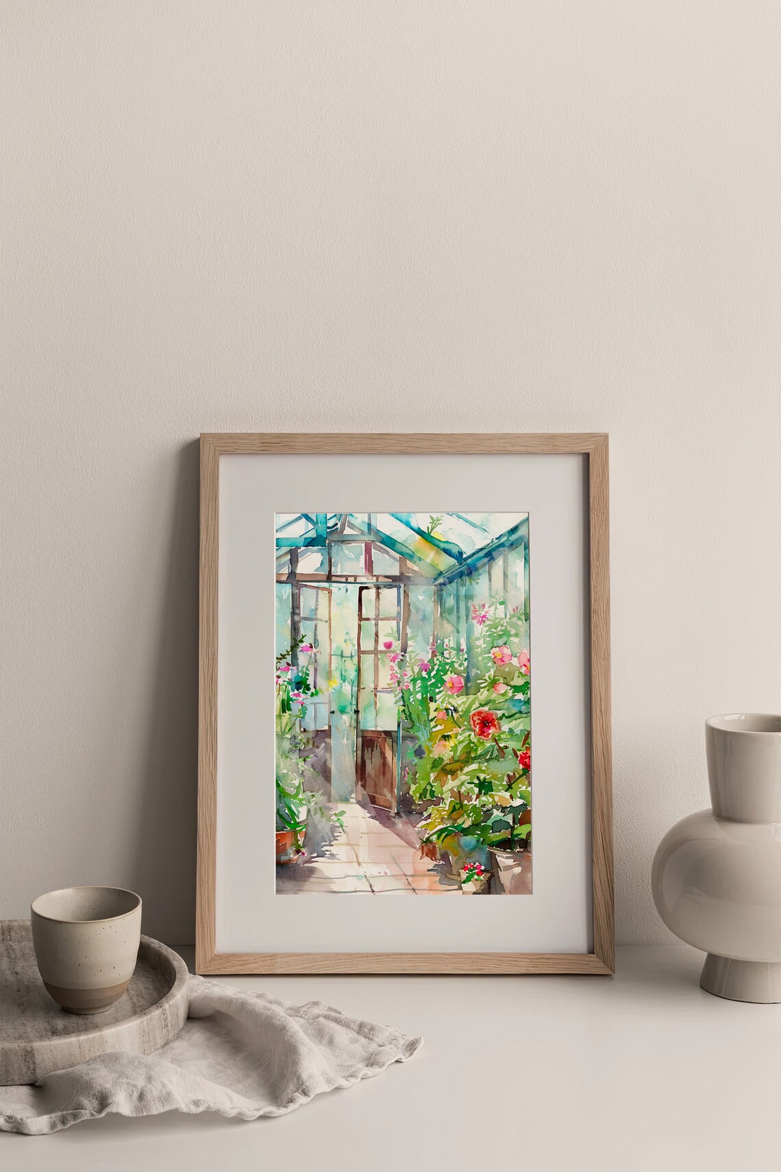 Greenhouse Interior Flowering Plants Sunlit Watercolor Poster - Image 3