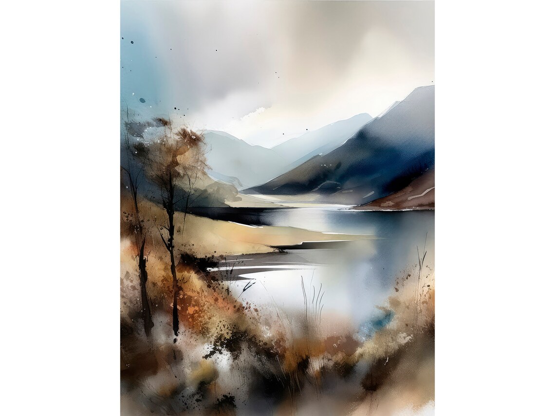 Scottish Highlands Misty Loch Watercolor Moody Landscape Poster