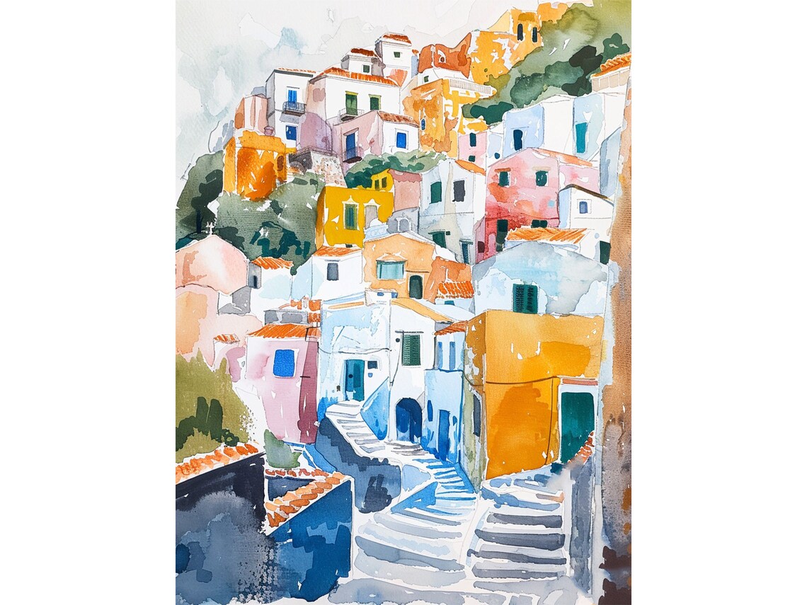 Sardinia Italy Colorful Cliffside Village Watercolor Travel Poster