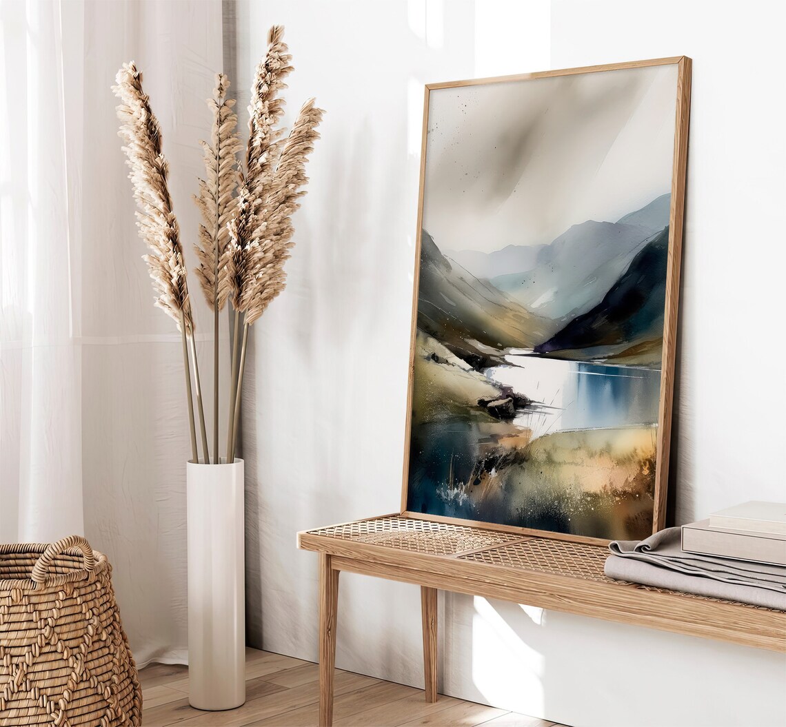 Lake District Watercolor Misty Mountain Lake Neutral Landscape Poster - Image 2