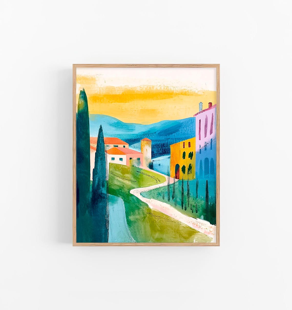 Colorful Tuscany Hillside Village Cypress Sunset Watercolor Art Print