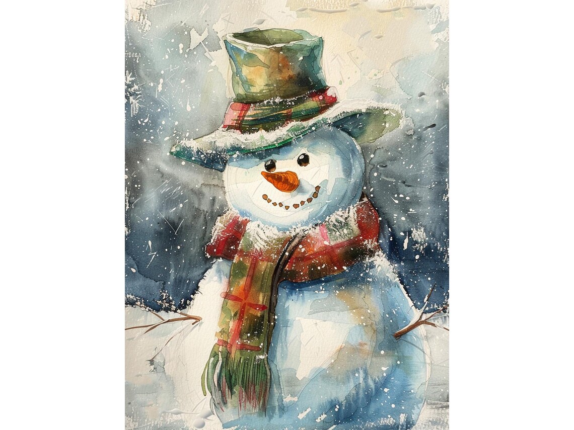 Snowman Watercolor Christmas Art Print, Holiday Decor