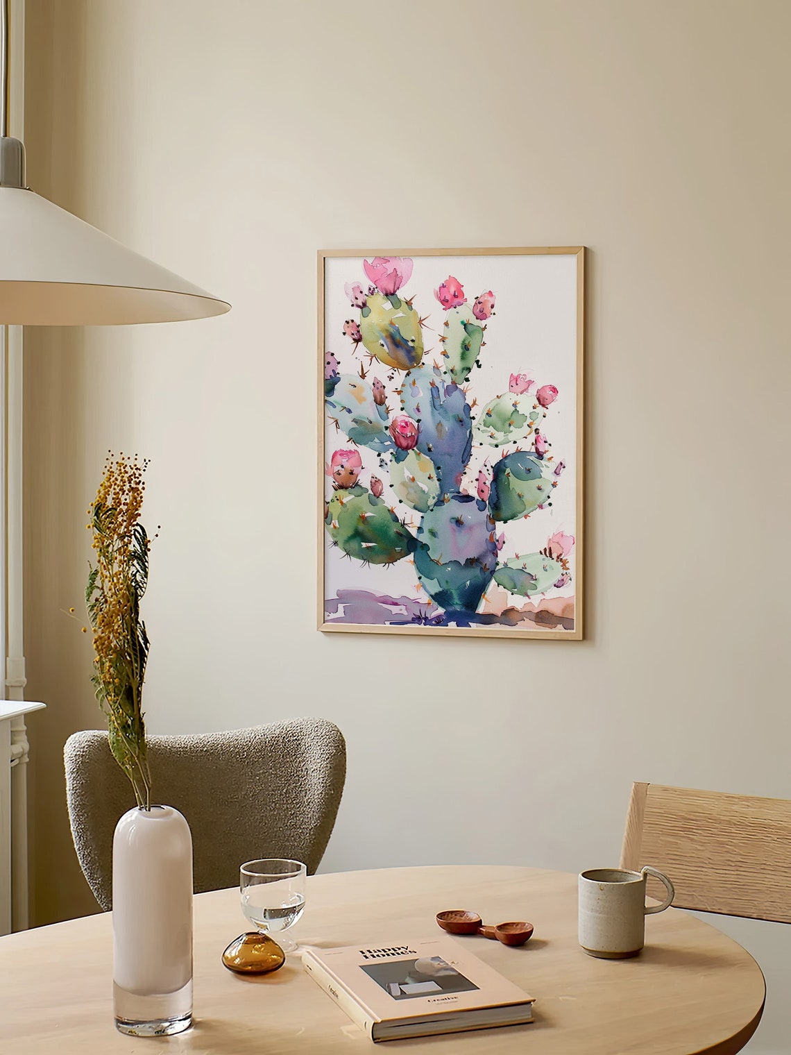 Prickly Pear Cactus Pink Blooms Watercolor Botanical Scene Poster - Image 3
