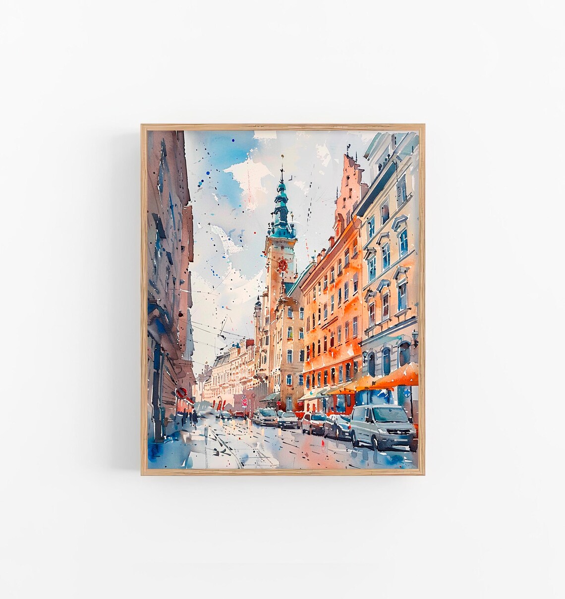 Vienna Old Town Street Historic Tower Watercolor Cityscape Poster