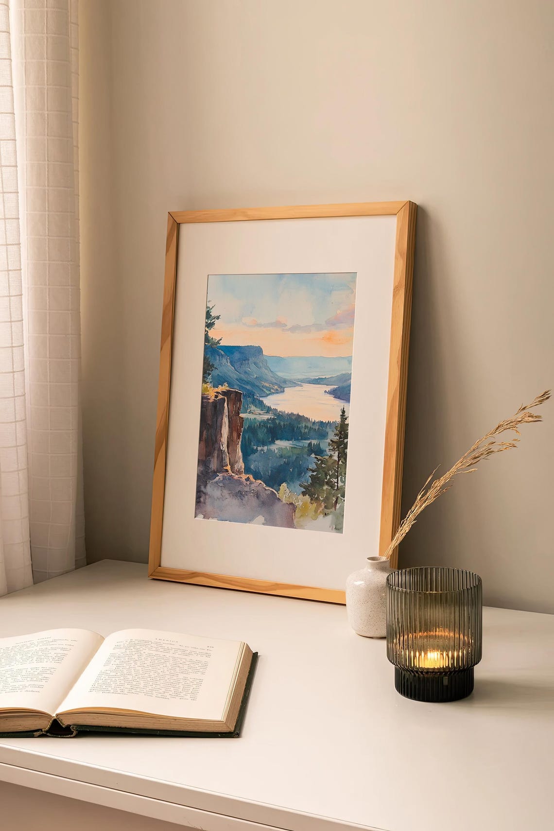 Columbia Gorge River Valley Sunset Cliffs Watercolor View Poster - Image 2