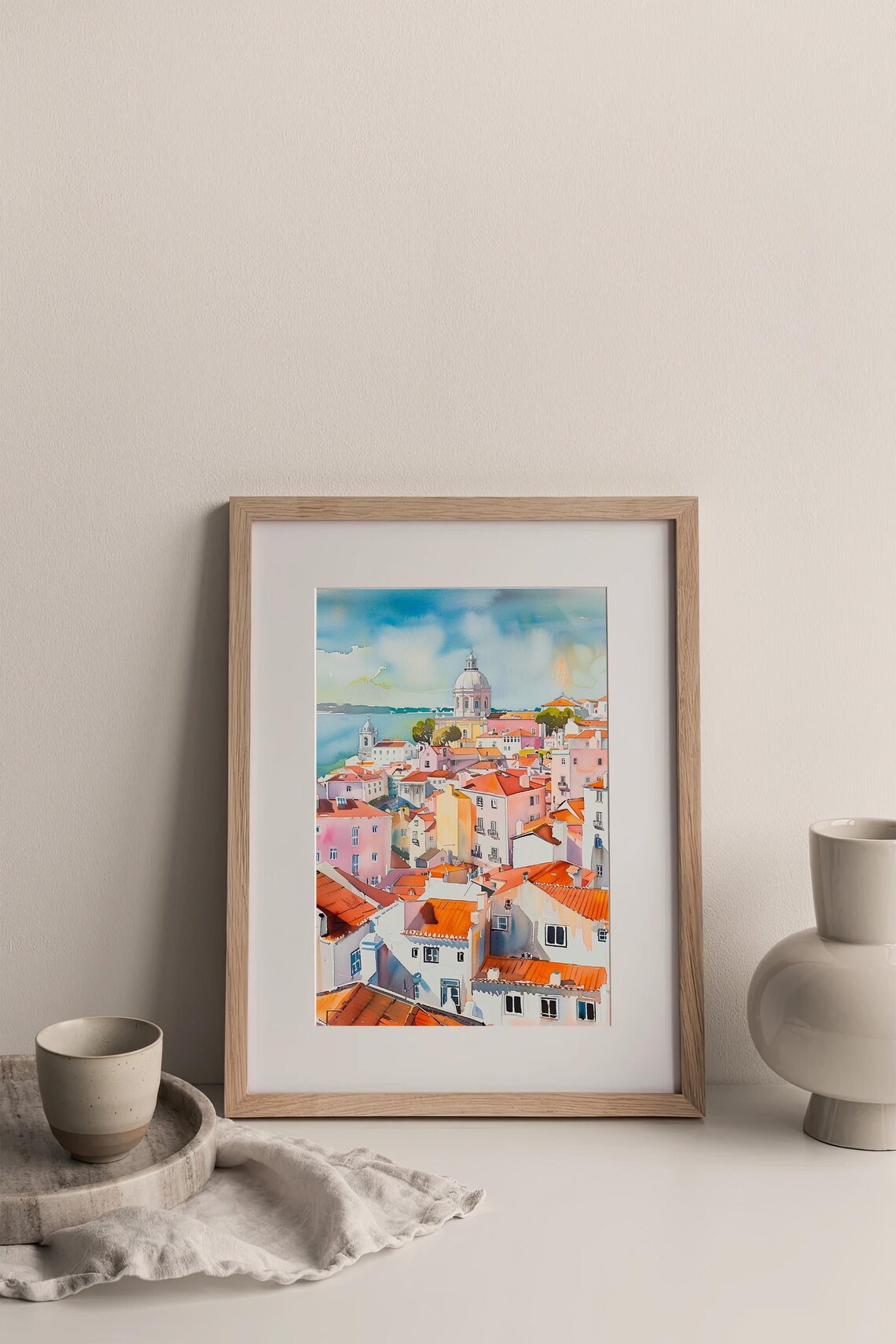 Lisbon Rooftops Domed Church River Watercolor Portugal Poster - Image 3