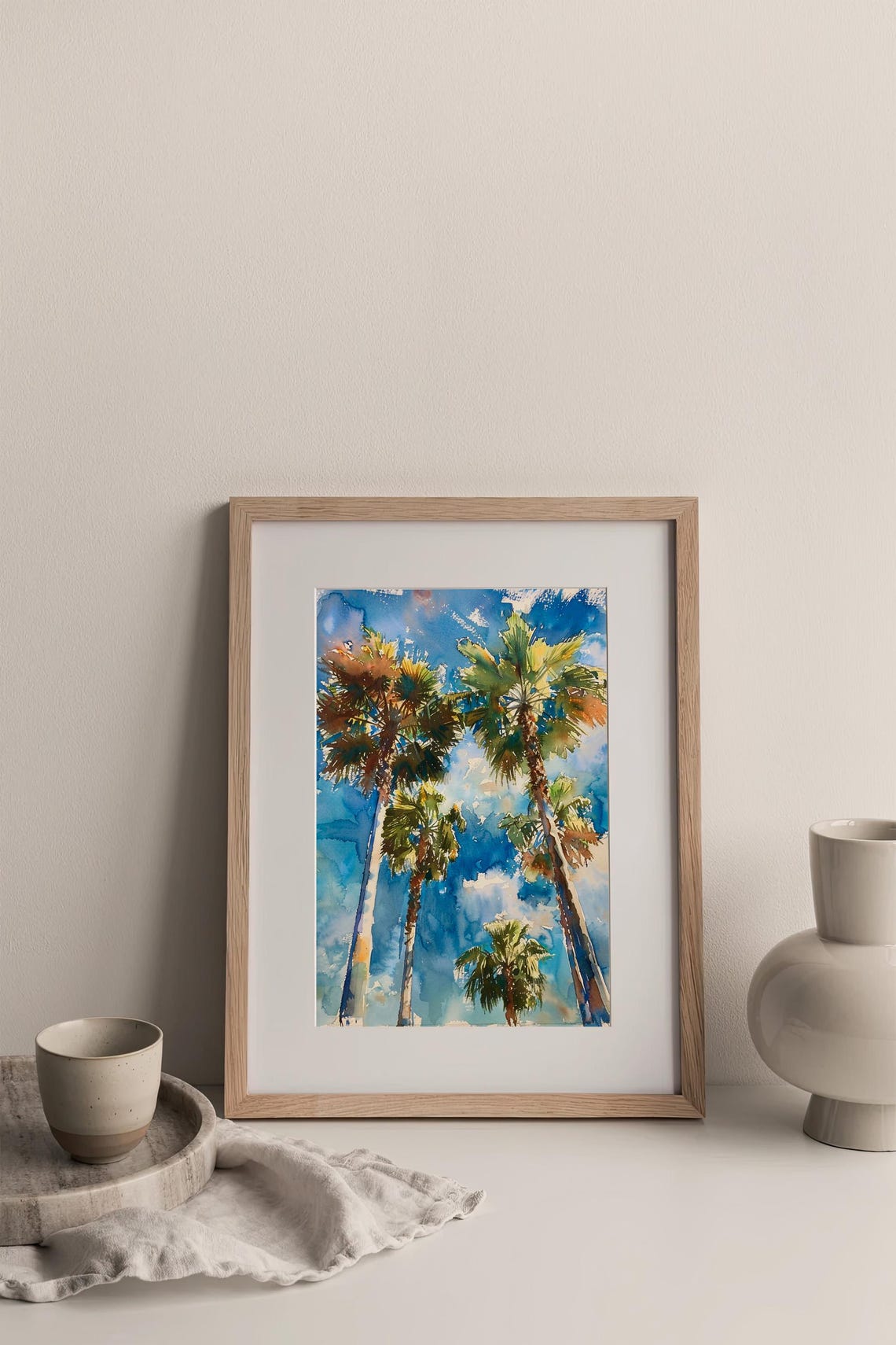 Palm Trees Reaching Into Bright Blue Sky Tropical Watercolor Poster - Image 4