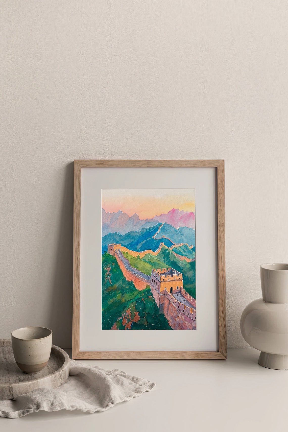 Great Wall Of China Watercolor Mountains Sunset Landscape Art Print - Image 4