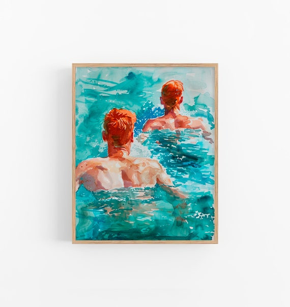 Redhead Men Body Art Print Ginger Swimming Boys Watercolor Painting Body Wall Art Print By Feelingprints