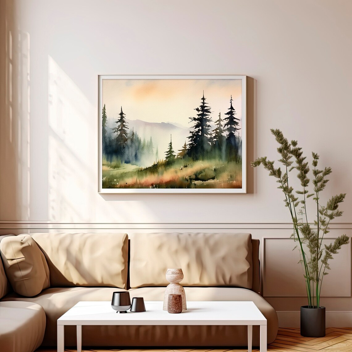 Misty Pine Forest Watercolor Foggy Evergreens Morning Landscape Print - Image 3