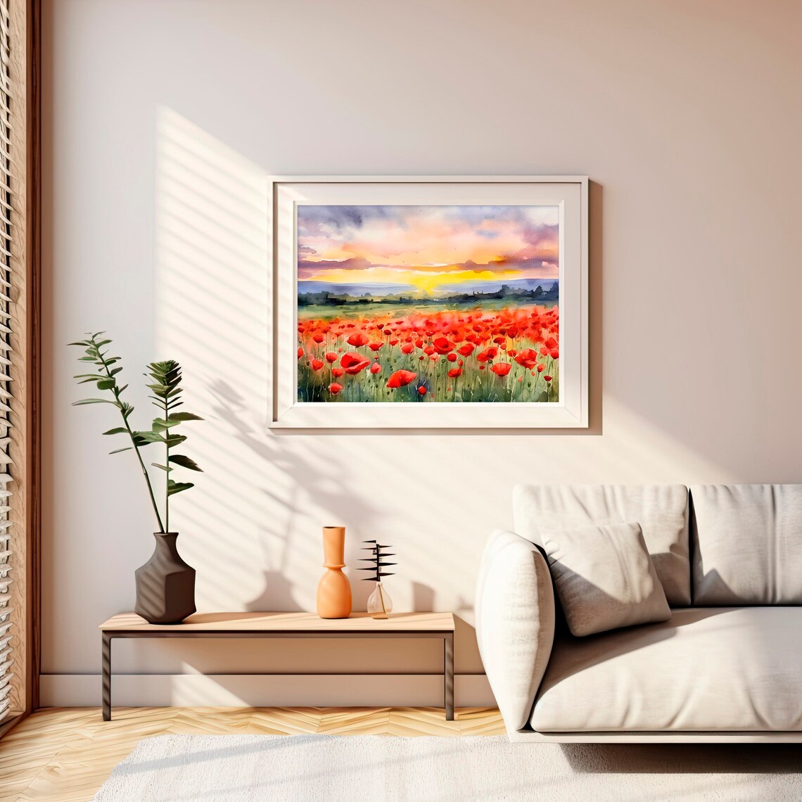 Poppy Meadow Landscape Watercolor Art Print, Tuscany - Image 3