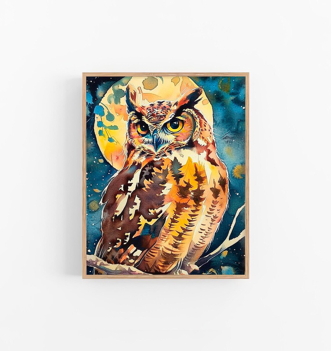 Great Horned Owl Golden Full Moon Watercolor Wildlife Art Poster