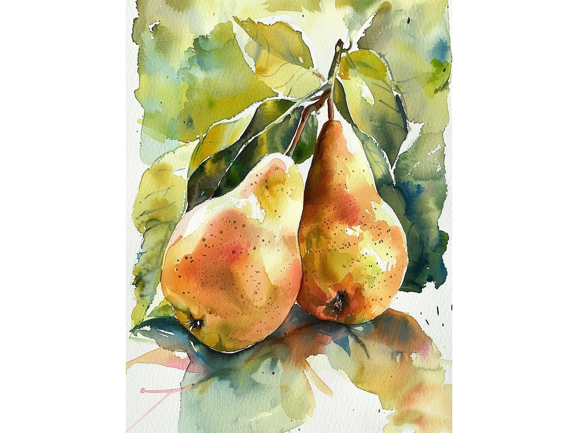 Pears Watercolor Art Print, Rustic Fruit Decor