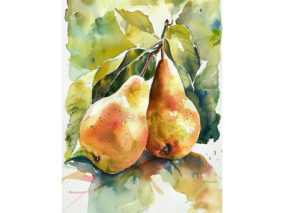 Pears Watercolor Art Print, Rustic Fruit Decor
